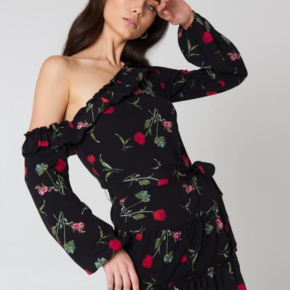 Black Floral Asymmetric Dress - Picture 4 of 4